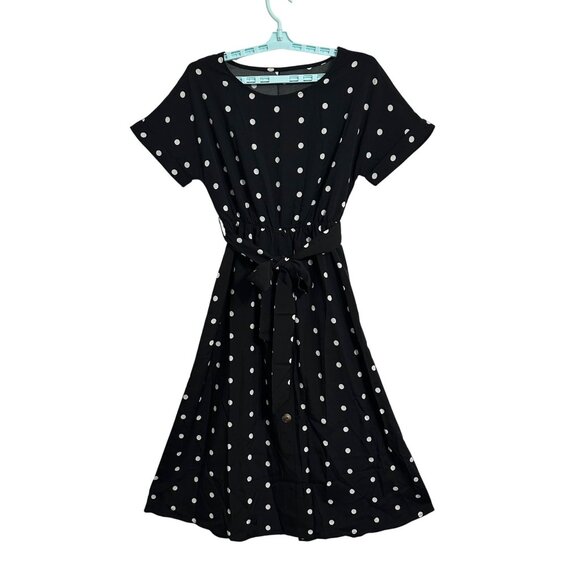 Black Polka Dot Button-Skirt Belted Midi Dress Business Career Academia SZ M - Picture 2 of 4